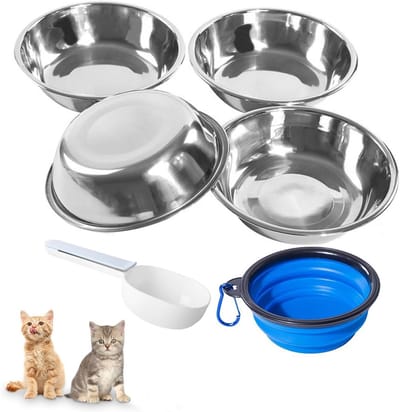 Roestvrijstalen Kattenbakken - 4 Stuks, Whisker Vriendelijke Voer- en Waterkommen voor Kleine Honden en Katten, 12 oz, Duurzaam en Makkelijk Schoon te Maken