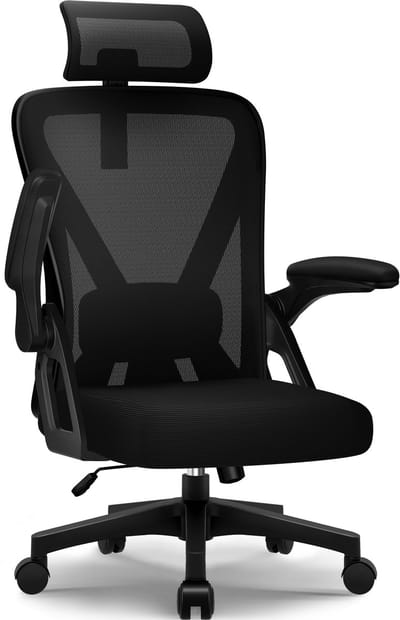 bureaustoel – ergonomische bureaustoel voor volwassenen - Opklapbare armleuningen – 4D lendensteun met zachte vulling – Vergrendelbare rugleuning – Max. kanteling 135°