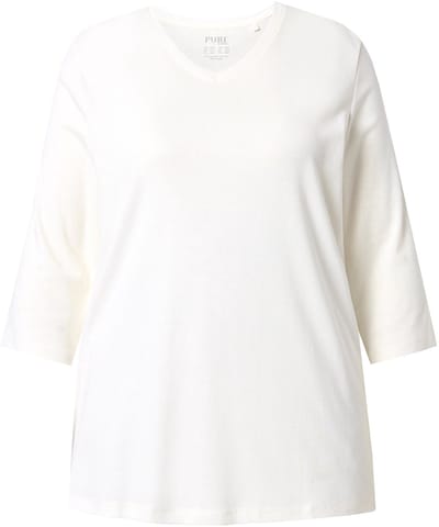 Ulla Popken - Dames - Shirt ribjersey V-hals 3/4-mouw biologische katoen - Off-white - Maat 46+