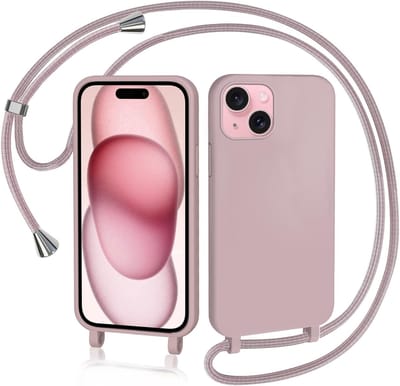 YPCd Crossbody Hoesje Geschikt voor Apple iPhone 15 – TPU & Siliconen Backcover – Verstelbaar Koord – Schokbestendige Bescherming – Roze