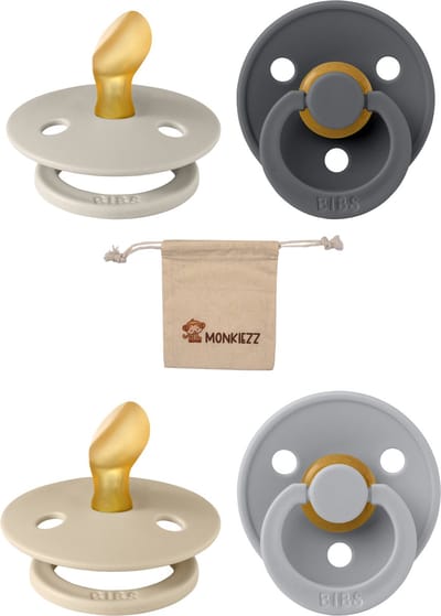 Bibs Blister Dental| Met Monkiezz Speenzakje - maat 1 0-6 maanden - 4 stuks - Iron - Sand -Vanilla - Cloud - Orthodontisch