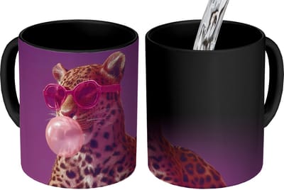 Magische Mok - Foto op Warmte Mokken - Koffiemok - Panter - Zonnebril - Kauwgombel - Roze - Magic Mok - Beker - 350 ML - Theemok