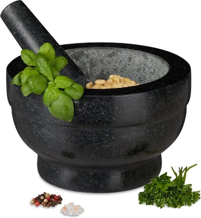 Famanu – Extra grote granieten vijzel en stamper, zwaar en stabiel ontwerp voor kruiden, specerijen en pesto, Ø 20 cm, inhoud 1 liter