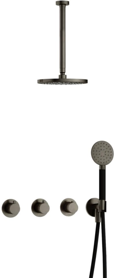 Hotbath Cobber - CB7067 - Inbouw Regendoucheset - Verouderd Ijzer - 2 Stopkranen - Thermostatisch - Plafondbuis 30 cm - Hoofddouche 200 mm - Ronde Handdouche 3 Standen - Waterbesparend