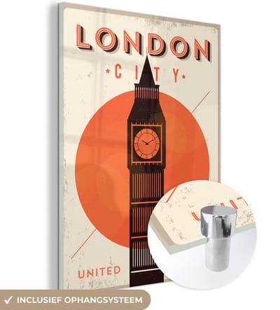 MuchoWow® Glasschilderij 30x40 cm - Schilderij acrylglas - Big Ben - Vintage - Londen - Foto op glas - Schilderijen