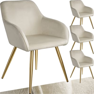 tectake® Eetkamerstoel Marilyn - Set van 4 - Met Armleuningen - Elegante Stoel met Gevoerde Zitting in Fluweellook - Gestoffeerd - Gouden metalen poten - Ergonomische Keukenstoel - Stoel voor Woonkamer, Eetkamer en Slaapkamer - Creme