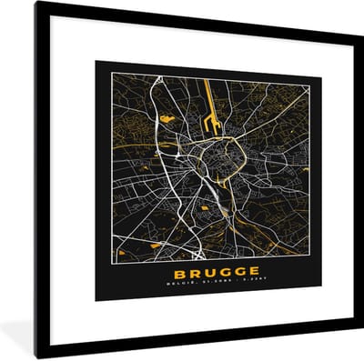Fotolijst incl. Poster - Goud - Brugge - Stadskaart - Kaart - Plattegrond - 40x40 cm - Posterlijst