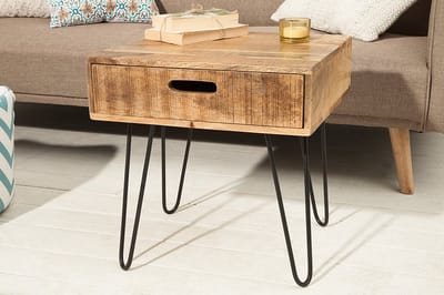 Retro bijzettafel  50cm mangohouten haarspeldpoten met lade