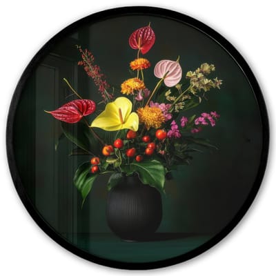 Poster in lijst Rond - Fotolijst 40x40 cm - Posters - Bloemen - Vaas - Zwart - Ronde posterlijst zwart - Decoratie - Wanddecoratie woonkamer - Muurdecoratie slaapkamer