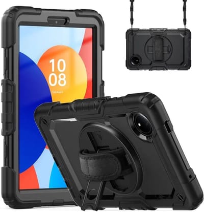 Hoes met ingebouwde Screenprotector Geschikt voor Xiaomi Redmi Pad SE 8.7 | Inclusief 360° Draaibare Handriem en Schouderriem | Extreme bescherming | Ideaal voor zakelijk gebruik | Zwart