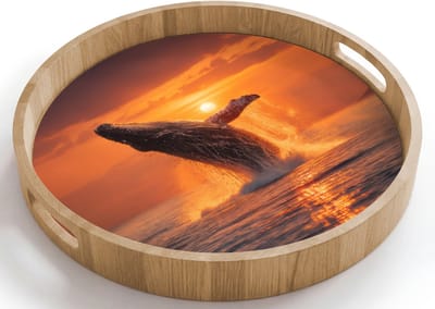 Dienblad rond 40x40 cm - Schootdienblad hout - Walvis - Zon - Zee - Borrelplank rechthoek - Plateau houten dienbladen