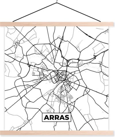 Posterhanger incl. Poster 40x40 cm - Schoolplaat - Stadskaart - Plattegrond - Kaart - Arras - Frankrijk - Zwart wit - Textielposter - Blanke latten - Stadskaart