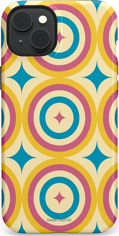 Casetastic hoesje geschikt voor Apple iPhone 15 Plus - MagSafe - Dubbellaagse bescherming - Swinging Retro Boogie Circles - Fashion Case - Crème Goud Lichtblauw Koraal