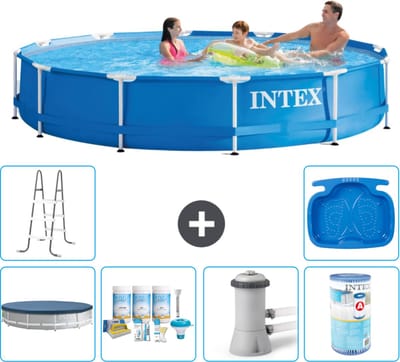Intex Rond Frame Zwembad - 366 x 76 cm - Blauw - Inclusief Afdekzeil - Onderhoudspakket - Zwembadfilterpomp - Filter - Ladder - Voetenbad - 7-delig