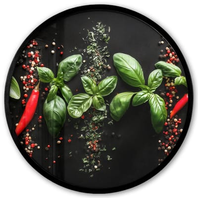 Poster in lijst Rond - Fotolijst 40x40 cm - Posters - Chilipepers - Basilicum - Blaadjes - Rood - Ronde posterlijst zwart - Decoratie - Wanddecoratie woonkamer - Muurdecoratie slaapkamer