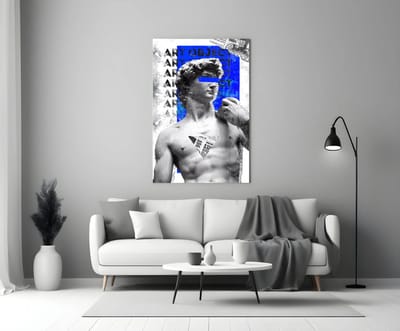 Glasschilderij – David met Blauwe Veeg – Moderne Street Art – Abstracte Klassieke Kunst - 90x60 cm