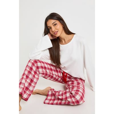 boohoo Dames Geborstelde geruite top met lange mouwen & broek pyjama set | Red | Maat: 10