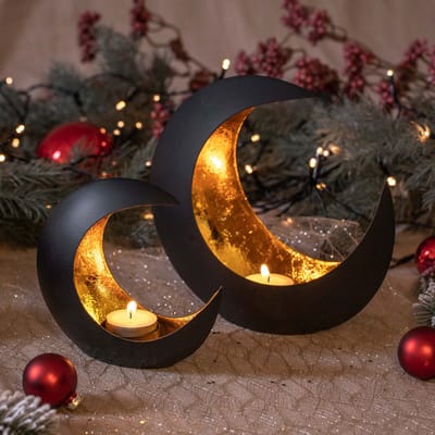 Gadgy Theelichthouder Maan - Set van 2 - Waxinelichthouder - Kaarsenhouders voor Waxinelichten - 15&21CM - Zwart / Goud - Decoratie voor Binnen