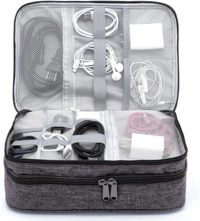 Famanu - Kabel Organizer Tas, Kabel Tas Electronic Organizer, Kabeltas Waterdicht Dubbele Laag, Kabels & Accessoires Tas, Grijs