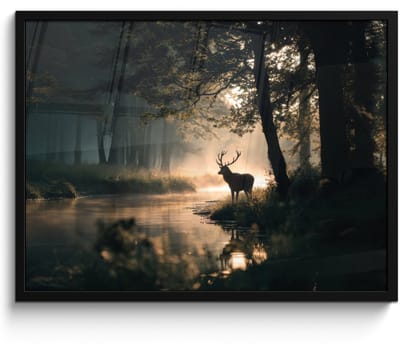 Poster in lijst - Fotolijst 80x60 cm - Posters - Hert - Bosbeek - Mystiek - Posterlijst zwart - Decoratie - Wanddecoratie woonkamer - Muurdecoratie slaapkamer