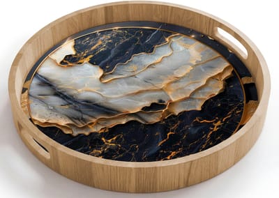 Dienblad rond 40x40 cm - Schootdienblad hout - Kunst - Goud - Zwart - Modern - Abstract - Borrelplank rechthoek - Plateau houten dienbladen