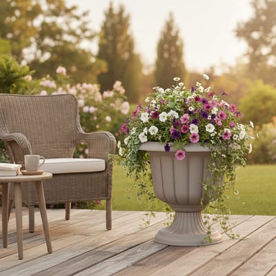 Sierlijke Nergiz Bloempot op voet 35x25cm - Ronde Plantenbak - Kruidenbak - Taupe Mokka - UV bestendig - 9.8L