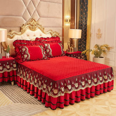 Effen kleur Luxe dik fluwelen gewatteerde sprei Queen Kingsize Kantborduurwerk Kort pluche Bedrok Kussensloop niet inbegrepen 1pc Skirt 180x220cm