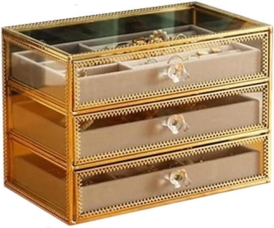 Glazen Sieradenkist - Juwelier Organizer - Sieraden Opbergen - Drie Laag Ontwerp - 23x13.5x16cm - Effen Kleur
