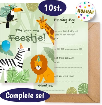 Uitnodiging Kinderfeestje – 10 stuks – Jungle Uitnodigingskaarten – Safari – Uitnodigingen Verjaardag Feestje – Incl. Enveloppen en Sluitstickers - Jongen en Meisje