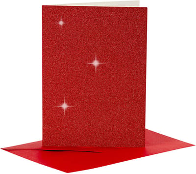 Kaarten en enveloppen, afmeting kaart 10,5x15 cm glitter, 110+250 gr, rood, 4 set