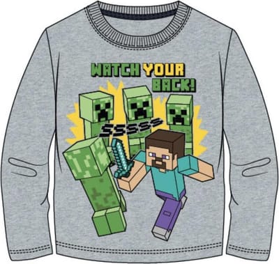 Minecraft t-shirt lange mouw - grijs - met Steve en creepers - 116 / 6 jaar