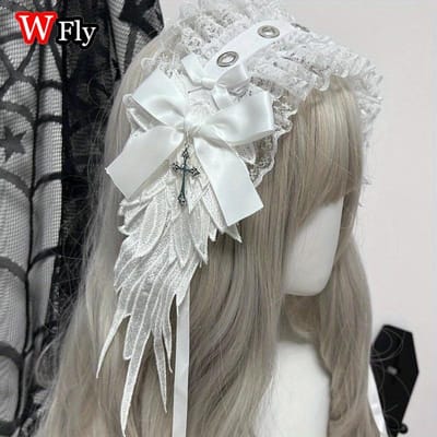Steampunk Y2K Ailes Coiffe Nœud Serre-tête Lolita Gothique Ange Noir Coiffe et Accessoires pour Cheveux blanc
