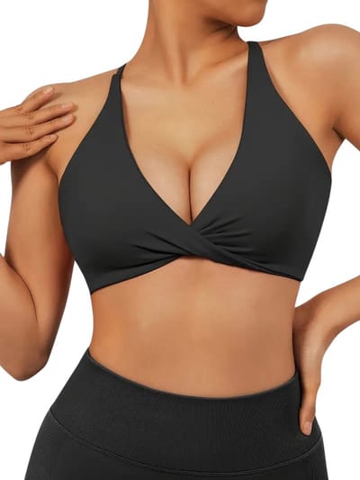 SparkNine Vivavee sport-bh - stijlvolle bra - gedraaide knoop - kruislingsbandjes - XL - zwart - V-hals - medium ondersteuning - verwijderbare vulling