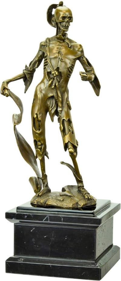 Memento Mori - Brons Skelet Beeld - Bronzen Sculptuur - Kunst Decoratie - Gedenk te Sterven - Latijn Spreuk - Kunstwerk - 12x14x34