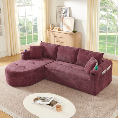 Moderne Hoekbank, L-Bank, 3-Zitsbank, L-vormige Hoekbank als Cloud Couch in Zelfmontage-uitvoering met Hittebestendige Roestvrijstalen Bekerhouder en Ademende en Duurzame Linnen Bekleding, Inclusief Handige Zijvakken en Armleuningen-Rood