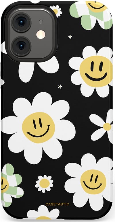 Casetastic hoesje geschikt voor Apple iPhone 12 Mini - Dubbellaagse bescherming - Vrolijke Madeliefjes - Fashion Case - Zwart Wit Grijs Goud