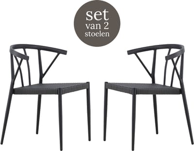 Nest outdoor Julian aluminium tuinstoel zwart - met rattan zitting - set van 2
