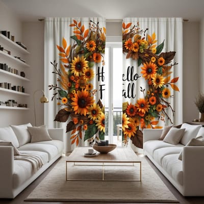 2 pièces HD Thanksgiving Tournesol guirlande de rotin rideau Vert jaune cravate rideau imprimé numérique Style Décoration de la maison Décorer W52H63inchW132H160cm black