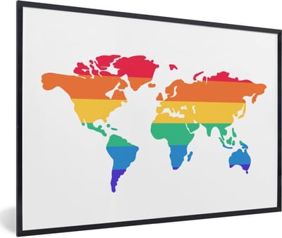 Poster in lijst - Fotolijst 30x20 cm - Posters - Wereldkaart - Pride vlag - Regenboog - Posterlijst zwart - Decoratie - Wanddecoratie woonkamer - Muurdecoratie slaapkamer