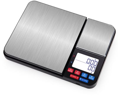 Elektronische keukenweegschaal met twee weegbereiken, oplaadbare precisieweegschaal, met weegbereiken van respectievelijk 5 kg/1 g en 500 g/0,01 g, van roestvrij staal, met stukstelling en tarrafunctie — zilverkleurig