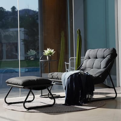 Loungestoel Tuinset met Voetenbank en Bijzettafel 77,5 x 107 x 68,5 cm – Outdoor Ligstoel / Relaxstoel / Zonneligstoel Weerbestendig met Zacht Kussen Donkergrijs – Nicolehome