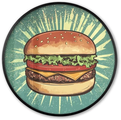 Poster in lijst Rond - Fotolijst 60x60 cm - Posters - Hamburger - Illustratie - Sla - Kaas - Ronde posterlijst zwart - Decoratie - Wanddecoratie woonkamer - Muurdecoratie slaapkamer