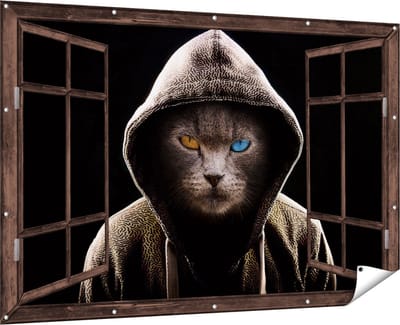 Gards Tuinposter Doorkijk Boze Kat Draagt een Hoodie - 180x120 cm - Tuindoek - Tuindecoratie - Wanddecoratie buiten - Tuinschilderij