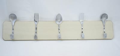 ZoeZo Design - klein Kapstokje - kapstok met bestekhaken - hout - metaal - handdoekrek - keukenrek - creme - beige - 58 X 14 cm