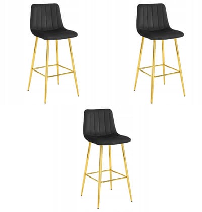Set van 3 Barkrukken POZZA - Zwart Fluweel - Gouden Metalen Poten - Moderne Barkruk met Rugleuning