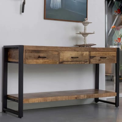 Mangohouten Sidetable Britt 3 lades Mahom Industrieel - Kleine tafel van Mangohout & Metaal - Industriële Huiskamertafel