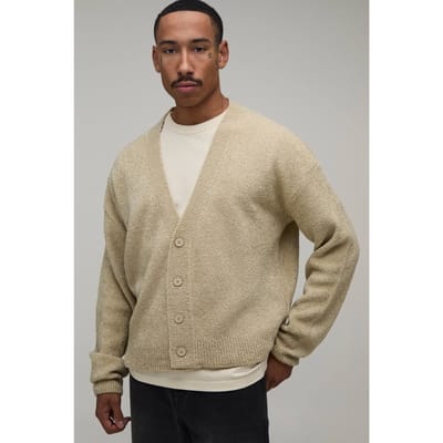 Relaxed Boxy Boucle Knitted Cardigan | Ecru | Size Medium