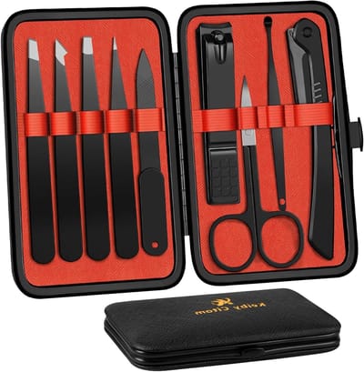 9-delige Set van Precisie Pincetten en Nagelknippers - Roestvrijstalen Pincetten voor Wenkbrauwen met Luxe Leren Etui (Zwart/Rood)