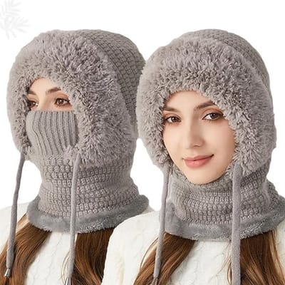 Nekwarmer - Jumpsuit met capuchon - Gebreide muts met gezichtsbedekking - Nekwarmer gezichtsmasker - Winddichte sjaal en muts voor dames buitenshuis - 3-in-1 winterwarmteset - Gezichtsmasker en sjaal voor dames, geschikt voor winterwarmteset, grijs