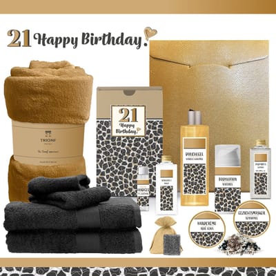 Geschenkset “21 Happy Birthday” - 13 producten - 1980 gram | Cadeau Verjaardag - Luxe wellness cadeaubox - Giftset Speciaal voor Haar - Gefeliciteerd - Verjaardag - Cadeaupakket - Gift Set Party - Verjaardagscadeau - Panter - Goud